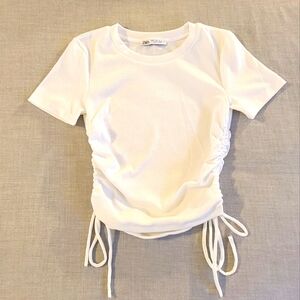 NWOT Zara Girls Ribbed White Ruched Side Tee